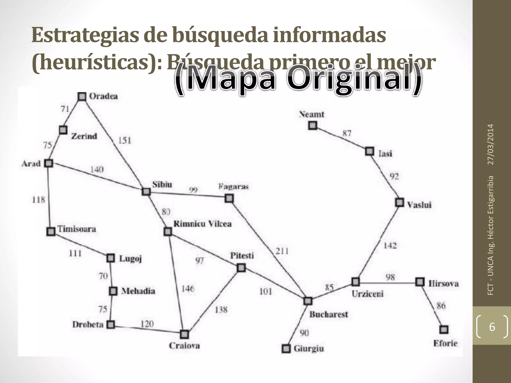 27/03/2014FCT-UNCAIng.HéctorEstigarribia
6
Estrategiasde búsquedainformadas
(heurísticas):Búsquedaprimeroel mejor
 