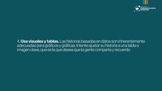4.Usa visuales y tablas.Lashistoriasbasadasendatossoninherentemente
adecuadasparagráﬁcosygráﬁcas.Intenteajustarsuhistoriaaunatablao
imagenclave,queeslaquedeseaquelagentecompartayrecuerde.
 