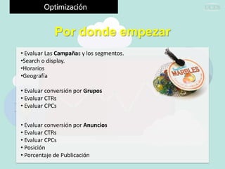 • Evaluar conversión por Grupos
• Evaluar CTRs
• Evaluar CPCs
Optimización
Por donde empezar
• Evaluar Las Campañas y los segmentos.
•Search o display.
•Horarios
•Geografía
• Evaluar conversión por Anuncios
• Evaluar CTRs
• Evaluar CPCs
• Posición
• Porcentaje de Publicación
 