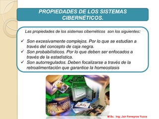 PROPIEDADES DE LOS SISTEMAS
CIBERNÉTICOS.
Las propiedades de los sistemas cibernéticos son los siguientes:
 Son excesivamente complejos. Por lo que se estudian a
través del concepto de caja negra.
 Son probabilísticos. Por lo que deben ser enfocados a
través de la estadística.
 Son autorregulados. Deben focalizarse a través de la
retroalimentación que garantice la homeostasis
M.Sc. Ing: Jair Ferreyros Yucra
 