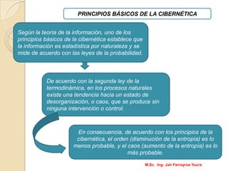 PRINCIPIOS BÁSICOS DE LA CIBERNÉTICA
Según la teoría de la información, uno de los
principios básicos de la cibernética establece que
la información es estadística por naturaleza y se
mide de acuerdo con las leyes de la probabilidad.
De acuerdo con la segunda ley de la
termodinámica, en los procesos naturales
existe una tendencia hacia un estado de
desorganización, o caos, que se produce sin
ninguna intervención o control.
En consecuencia, de acuerdo con los principios de la
cibernética, el orden (disminución de la entropía) es lo
menos probable, y el caos (aumento de la entropía) es lo
más probable.
M.Sc. Ing: Jair Ferreyros Yucra
 
