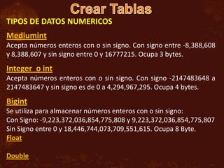 TIPOS DE DATOS NUMERICOS
Mediumint
Acepta números enteros con o sin signo. Con signo entre -8,388,608
y 8,388,607 y sin signo entre 0 y 16777215. Ocupa 3 bytes.
Integer o int
Acepta números enteros con o sin signo. Con signo -2147483648 a
2147483647 y sin signo es de 0 a 4,294,967,295. Ocupa 4 bytes.
Bigint
Se utiliza para almacenar números enteros con o sin signo:
Con Signo: -9,223,372,036,854,775,808 y 9,223,372,036,854,775,807
Sin Signo entre 0 y 18,446,744,073,709,551,615. Ocupa 8 Byte.
Float

Double
 