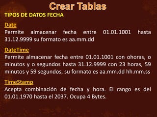 TIPOS DE DATOS FECHA
Date
Permite almacenar fecha entre       01.01.1001   hasta
31.12.9999 su formato es aa.mm.dd
DateTime
Permite almacenar fecha entre 01.01.1001 con ohoras, o
minutos y o segundos hasta 31.12.9999 con 23 horas, 59
minutos y 59 segundos, su formato es aa.mm.dd hh.mm.ss
TimeStamp
Acepta combinación de fecha y hora. El rango es del
01.01.1970 hasta el 2037. Ocupa 4 Bytes.
 