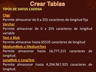 TIPOS DE DATOS CADENA
Char
Permite almacenar de 0 a 255 caracteres de longitud fija
Varchar
Permite almacenar de 0 a 255 caracteres de longitud
variable
Text o Blob
Permite almacenar hasta 65535 caracteres de longitud
MediumBlob o MediumText
Permite almacenar hasta 16,777,215 caracteres de
longitud.
LongBlob o LongText
Permite almacenar hasta 4,294,967,925 caracteres de
longitud.
 