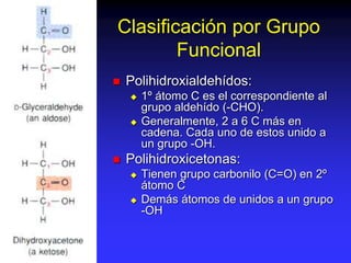 Clasificación por Grupo
Funcional
 Polihidroxialdehídos:
 1º átomo C es el correspondiente al
grupo aldehído (-CHO).
 Generalmente, 2 a 6 C más en
cadena. Cada uno de estos unido a
un grupo -OH.
 Polihidroxicetonas:
 Tienen grupo carbonilo (C=O) en 2º
átomo C
 Demás átomos de unidos a un grupo
-OH
 