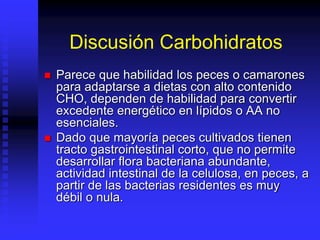Discusión Carbohidratos
 Parece que habilidad los peces o camarones
para adaptarse a dietas con alto contenido
CHO, dependen de habilidad para convertir
excedente energético en lípidos o AA no
esenciales.
 Dado que mayoría peces cultivados tienen
tracto gastrointestinal corto, que no permite
desarrollar flora bacteriana abundante,
actividad intestinal de la celulosa, en peces, a
partir de las bacterias residentes es muy
débil o nula.
 