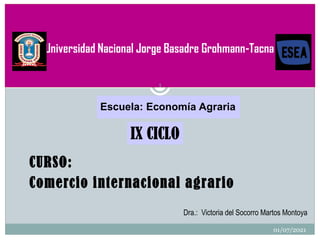 Dra.: Victoria del Socorro Martos Montoya
CURSO:
Comercio internacional agrario
Universidad Nacional Jorge Basadre Grohmann-Tacna
Escuela: Economía Agraria
IX CICLO
01/07/2021
1
 