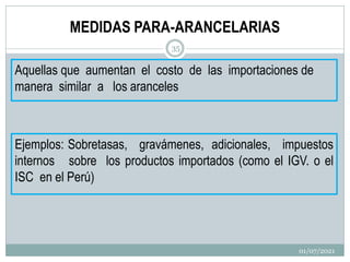 MEDIDAS PARA-ARANCELARIAS
Aquellas que aumentan el costo de las importaciones de
manera similar a los aranceles
Ejemplos: Sobretasas, gravámenes, adicionales, impuestos
internos sobre los productos importados (como el IGV. o el
ISC en el Perú)
01/07/2021
35
 