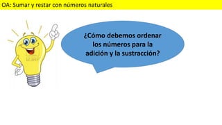 OA: Sumar y restar con números naturales
¿Cómo debemos ordenar
los números para la
adición y la sustracción?
 