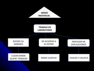 MODO INDIVIDUAL  TRABAJO EN LABORATORIO ESCOGE SU HORARIO LUGAR DONDE QUIERE TRABAJAR DE ACUERDO A SU RITMO RINDE CUENTAS PROFESOR DA EXPLICACIONES EVALÚA Y CALIFICA 