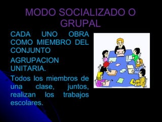 MODO SOCIALIZADO O GRUPAL CADA UNO OBRA COMO MIEMBRO DEL CONJUNTO AGRUPACION UNITARIA. Todos los miembros de una clase, juntos, realizan los trabajos escolares. 