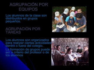 AGRUPACIÓN POR EQUIPOS  Los alumnos de la clase son distribuidos en grupos pequeños.  AGRUPACIÓN POR TAREAS  Los alumnos son organizados para realizar ciertas actividades dentro o fuera del colegio. La formación de grupos puede ser a criterio del profesor o de los alumnos  
