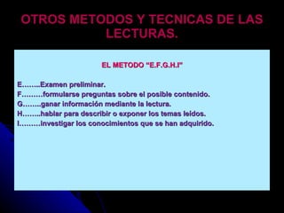 OTROS METODOS Y TECNICAS DE LAS LECTURAS. EL METODO “E.F.G.H.I” E……..Examen preliminar. F………formularse preguntas sobre el posible contenido. G……..ganar información mediante la lectura. H……..hablar para describir o exponer los temas leídos. I………investigar los conocimientos que se han adquirido. 