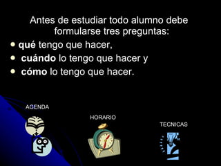 Antes de estudiar todo alumno debe formularse tres preguntas:  qué  tengo que hacer, cuándo  lo tengo que hacer y cómo  lo tengo que hacer.  AGENDA HORARIO TECNICAS 