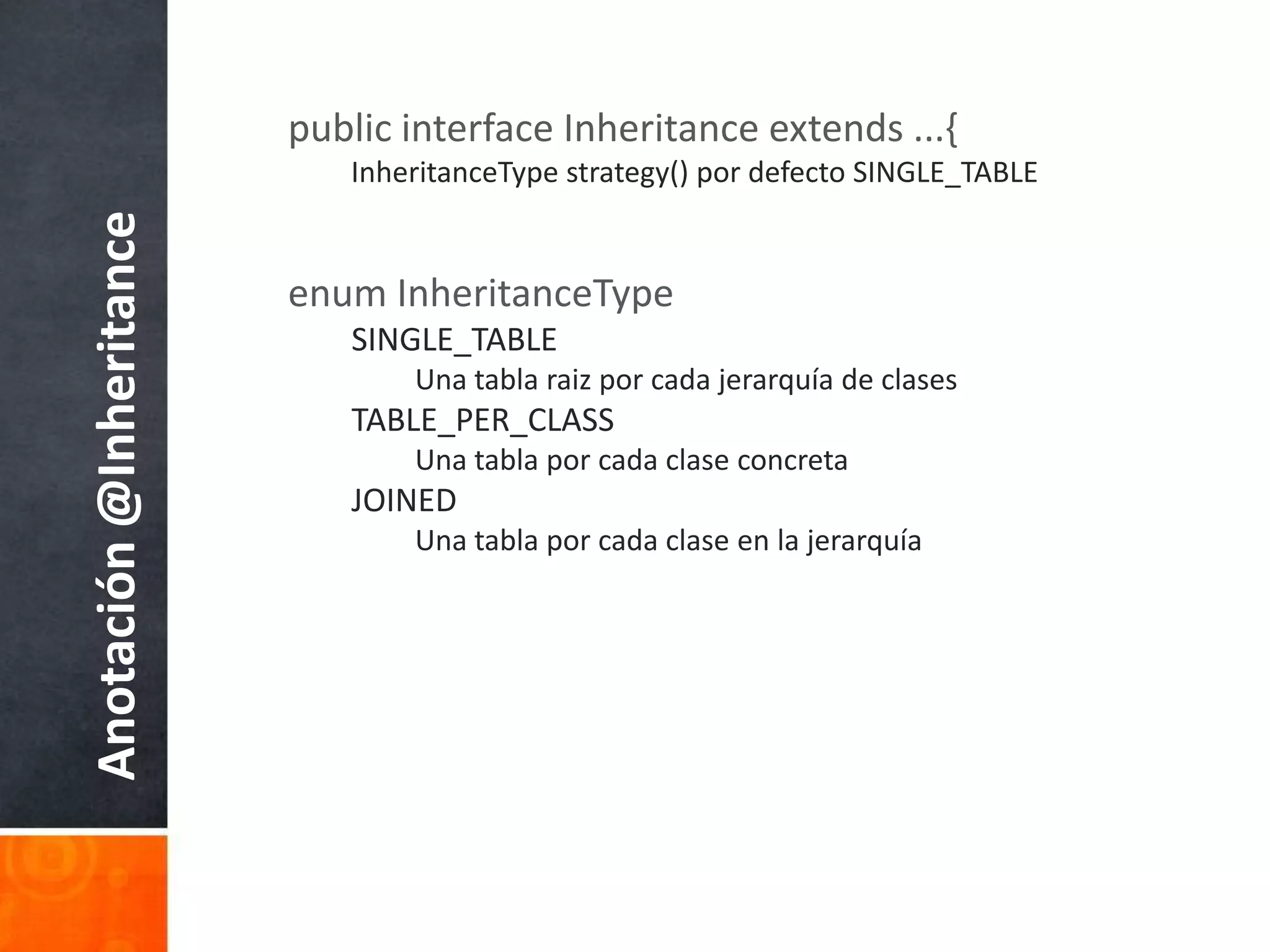 public interface Inheritance extends ...{InheritanceTypestrategy() pordefectoSINGLE_TABLEenumInheritanceTypeSINGLE_TABLEUnatablaraizporcadajerarquía de clasesTABLE_PER_CLASSUnatablaporcadaclaseconcretaJOINEDUnatablaporcadaclase en la jerarquíaAnotación @Inheritance