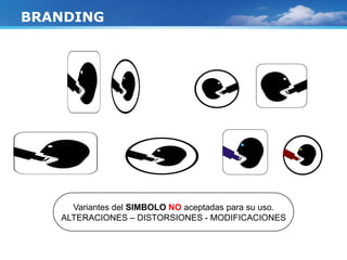 BRANDING
Variantes del SIMBOLO NO aceptadas para su uso.
ALTERACIONES – DISTORSIONES - MODIFICACIONES
 