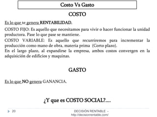 20
Costo Vs Gasto
COSTO
Es lo que te genera RENTABILIDAD.
COSTO FIJO: Es aquello que necesitamos para vivir o hacer funcionar la unidad
productora. Pase lo que pase se mantiene.
COSTO VARIABLE: Es aquello que recurriremos para incrementar la
producción como mano de obra, materia prima (Corto plazo).
En el largo plazo, al expandirse la empresa, ambos costos convergen en la
adquisición de edificios y maquinas.
GASTO
Es lo que NO genera GANANCIA.
¿Y que es COSTO SOCIAL?....
DECISIÓN RENTABLE -
http://decisionrentable.com/
 