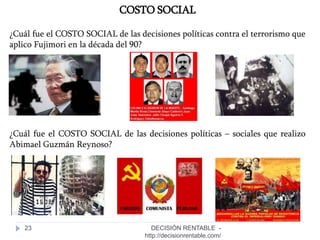 23
¿Cuál fue el COSTO SOCIAL de las decisiones políticas contra el terrorismo que
aplico Fujimori en la década del 90?
COSTO SOCIAL
¿Cuál fue el COSTO SOCIAL de las decisiones políticas – sociales que realizo
Abimael Guzmán Reynoso?
DECISIÓN RENTABLE -
http://decisionrentable.com/
 