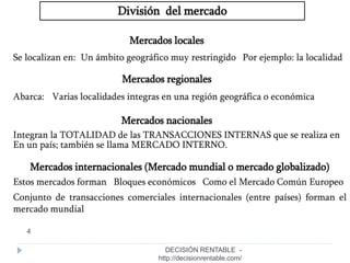 4
División del mercado
Mercados locales
Se localizan en: Un ámbito geográfico muy restringido
Mercados regionales
Por ejemplo: la localidad
Abarca: Varias localidades integras en una región geográfica o económica
Mercados internacionales (Mercado mundial o mercado globalizado)
Estos mercados forman Bloques económicos Como el Mercado Común Europeo
Mercados nacionales
Integran la TOTALIDAD de las TRANSACCIONES INTERNAS que se realiza en
En un país; también se llama MERCADO INTERNO.
Conjunto de transacciones comerciales internacionales (entre países) forman el
mercado mundial
DECISIÓN RENTABLE -
http://decisionrentable.com/
 