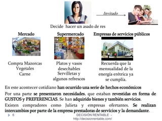 6
Decide hacer un asado de res
Invitado
Compra Mazorcas
Vegetales
Carne
Mercado Supermercado
Platos y vasos
desechables
Servilletas y
algunos refrescos
Empresas de servicios públicos
Recuerda que la
mensualidad de la
energía erétrica ya
se cumplía.
En este acontecer cotidiano han ocurrido una serie de hechos económicos
Por una parte se presentaron necesidades, que estaban revestidas en forma de
GUSTOS y PREFERENCIAS. Se han adquirido bienes y también servicios.
Existen compradores como Julieta y empresas ofertantes. Se realizan
intercambios por parte de la empresa prestadoras de servicios y la demandante.
DECISIÓN RENTABLE -
http://decisionrentable.com/
 