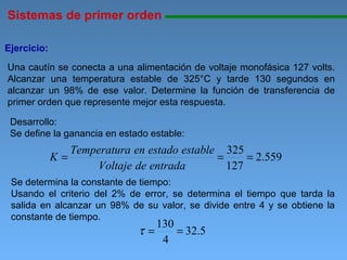 Sistemas de primer orden 11111111111111111111111111111111111111111111111111111111111111111111111111111111 Ejercicio: Una cautín se conecta a una alimentación de voltaje monofásica 127 volts. Alcanzar una temperatura estable de 325°C y tarde 130 segundos en alcanzar un 98% de ese valor. Determine la función de transferencia de primer orden que represente mejor esta respuesta. Desarrollo: Se define la ganancia en estado estable:  Se determina la constante de tiempo: Usando el criterio del 2% de error, se determina el tiempo que tarda la salida en alcanzar un 98% de su valor, se divide entre 4 y se obtiene la constante de tiempo. 