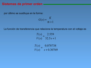 Sistemas de primer orden 11111111111111111111111111111111111111111111111111111111111111111111111111111111 por último se sustituye en la forma: La función de transferencia que relaciona la temperatura con el voltaje es 