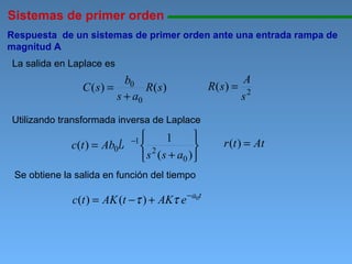 Sistemas de primer orden 11111111111111111111111111111111111111111111111111111111111111111111111111111111 Respuesta  de un sistemas de primer orden ante una entrada rampa de magnitud A Utilizando transformada inversa de Laplace La salida en Laplace es Se obtiene la salida en función del tiempo 