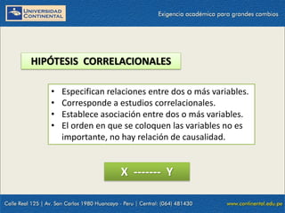 HIPÓTESIS CORRELACIONALES
• Especifican relaciones entre dos o más variables.
• Corresponde a estudios correlacionales.
• Establece asociación entre dos o más variables.
• El orden en que se coloquen las variables no es
importante, no hay relación de causalidad.
X ------- Y
 