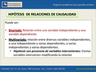HIPÓTESIS DE RELACIONES DE CAUSALIDAD
Puede ser:
• Bivariada: Relación entre una variable independiente y una
variable dependiente.
• Multivariada: relación entre diversas variables independientes,
o una independiente y varias dependientes, o varias
independientes y varias dependientes.
• Hipótesis con presencia de variables intervinientes: Ciertas
variables intervienen modificando la relación
 