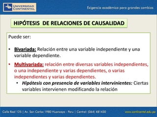 HIPÓTESIS DE RELACIONES DE CAUSALIDAD
Puede ser:
• Bivariada: Relación entre una variable independiente y una
variable dependiente.
• Multivariada: relación entre diversas variables independientes,
o una independiente y varias dependientes, o varias
independientes y varias dependientes.
• Hipótesis con presencia de variables intervinientes: Ciertas
variables intervienen modificando la relación
 