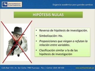HIPÓTESIS NULAS
• Reverso de hipótesis de investigación.
• Simbolización: Ho.
• Proposiciones que niegan o refutan la
relación entre variables.
• Clasificación similar a la de las
hipótesis de investigación
 