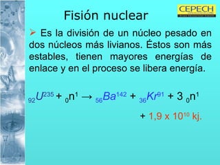 Fisión nuclear   Es la división de un núcleo pesado en dos núcleos más livianos. Éstos son más estables, tienen mayores energías de enlace y en el proceso se libera energía.  92 U 235   +  0 n 1   ->  56 Ba 142  +  36 Kr 91  + 3  0 n 1 +  1,9 x 10 10  kj. 