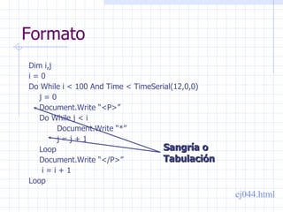 Formato Dim i,j i = 0 Do While i < 100 And Time < TimeSerial(12,0,0) j = 0 Document.Write “<P>” Do While j < i Document.Write “*” j = j + 1 Loop Document.Write “</P>”   i = i + 1 Loop ej044.html Sangría o Tabulación 