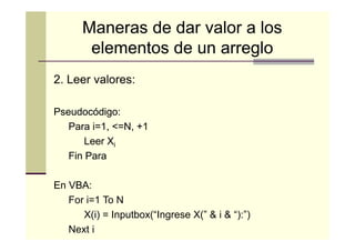 Maneras de dar valor a los
elementos de un arreglo
2. Leer valores:
Pseudocódigo:
Para i=1, <=N, +1
Leer Xi
Fin Para
En VBA:
For i=1 To N
X(i) = Inputbox(“Ingrese X(” & i & “):”)
Next i

 
