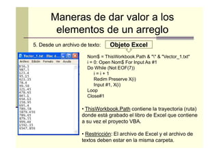 Maneras de dar valor a los
elementos de un arreglo
5. Desde un archivo de texto:
texto:

Objeto Excel

Nom$ = ThisWorkbook.Path & "" & "Vector_1.txt"
i = 0: Open Nom$ For Input As #1
Do While (Not EOF(7))
i=i+1
Redim Preserve X(i)
Input #1, X(i)
Loop
Close#1

• ThisWorkbook.Path contiene la trayectoria (ruta)
donde está grabado el libro de Excel que contiene
a su vez el proyecto VBA.
• Restricción: El archivo de Excel y el archivo de
textos deben estar en la misma carpeta.

 