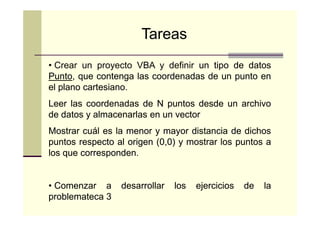 Tareas
• Crear un proyecto VBA y definir un tipo de datos
Punto,
Punto, que contenga las coordenadas de un punto en
el plano cartesiano.
cartesiano.
Leer las coordenadas de N puntos desde un archivo
de datos y almacenarlas en un vector
Mostrar cuál es la menor y mayor distancia de dichos
puntos respecto al origen (0,0) y mostrar los puntos a
los que corresponden.
corresponden.

• Comenzar a
problemateca 3

desarrollar

los

ejercicios

de

la

 