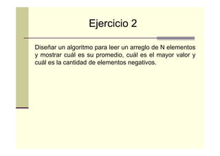 Ejercicio 2
Diseñar un algoritmo para leer un arreglo de N elementos
y mostrar cuál es su promedio, cuál es el mayor valor y
cuál es la cantidad de elementos negativos.

 