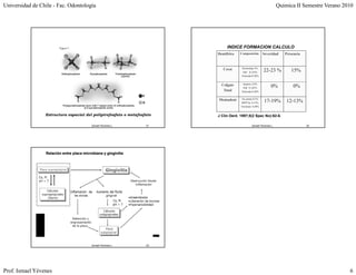 Universidad de Chile - Fac. Odontología                                                                            Quimica II Semestre Verano 2010




                                                                              INDICE FORMACION CALCULO
                                                                         Dentífrico   Composición        Severidad    Presencia



                                                                            Crest     Pirofosfato 5%
                                                                                       NaF 0.145%        22-23 %         15%
                                                                                      Triclosán 0.28%


                                                                           Colgate     Gantres 2.0%
                                                                                       NaF 0.145%             0%          0%
                                                                            Total     Triclosán 0.30%


                                                                         Mentadent     Zn citrato 0.5%
                                                                                      MFP Na 0.15%       17-19%        12-13%
                                                                                      Triclosán 0.20%


                 Estructura espacial del polipirofosfato o metafosfato   J Clin Dent. 1997;8(2 Spec No):62-6.

                                           Ismael Yévenes L.       21                          Ismael Yévenes L.                  22




                 Relación entre placa microbiana y gingivitis




                                           Ismael Yévenes L.       23




Prof. Ismael Yévenes                                                                                                                            6
 