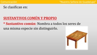 Se clasifican en:
SUSTANTIVOS COMÚN Y PROPIO
* Sustantivo común: Nombra a todos los seres de
una misma especie sin distinguirlo.
Comunicación “Nuestra Señora de Guadalupe”