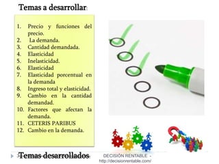 3
1. Precio y funciones del
precio.
2. La demanda.
3. Cantidad demandada.
4. Elasticidad
5. Inelasticidad.
6. Elasticidad
7. Elasticidad porcentual en
la demanda
8. Ingreso total y elasticidad.
9. Cambio en la cantidad
demandad.
10. Factores que afectan la
demanda.
11. CETERIS PARIBUS
12. Cambio en la demanda.
Temas a desarrollar:
Temas desarrollados: DECISIÓN RENTABLE -
http://decisionrentable.com/
 