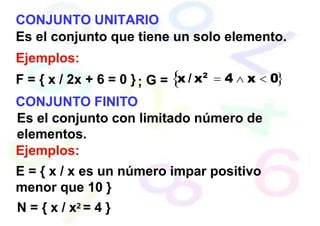 CONJUNTO UNITARIO
Es el conjunto que tiene un solo elemento.
Ejemplos:
F = { x / 2x + 6 = 0 }; G = x / x2
= 4  x  0
CONJUNTO FINITO
Es el conjunto con limitado número de
elementos.
Ejemplos:
E = { x / x es un número impar positivo
menor que 10 }
N = { x / x2 = 4 }
 