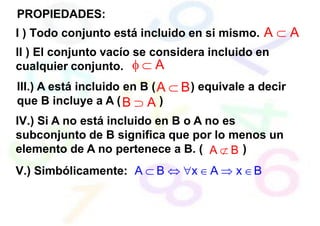 PROPIEDADES:
I ) Todo conjunto está incluido en si mismo. A  A
II ) El conjunto vacío se considera incluido en
cualquier conjunto.   A
III.) A está incluido en B (A  B) equivale a decir
que B incluye a A (B  A )
IV.) Si A no está incluido en B o A no es
subconjunto de B significa que por lo menos un
elemento de A no pertenece a B. ( A  B )
V.) Simbólicamente: A  B  x  A  x B
 