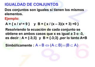 IGUALDAD DE CONJUNTOS
Dos conjuntos son iguales si tienen los mismos
elementos.
Ejemplo:
A = { x / x2 = 9 } y B = { x / (x – 3)(x + 3) =0 }
Resolviendo la ecuación de cada conjunto se
obtiene en ambos casos que x es igual a 3 o -3,
es decir : A = {-3;3} y B = {-3;3} ,por lo tanto A=B
Simbólicamente : A = B  (A  B)  (B  A)
 