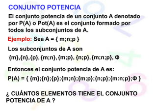 CONJUNTO POTENCIA
El conjunto potencia de un conjunto A denotado
por P(A) o Pot(A) es el conjunto formado por
todos los subconjuntos de A.
Ejemplo: Sea A = { m;n;p }
Los subconjuntos de A son
{m},{n},{p},{m;n},{m;p}, {n;p},{m;n;p}, Φ
Entonces el conjunto potencia de A es:
P(A) = { {m};{n};{p};{m;n};{m;p};{n;p};{m:n;p};Φ }
¿ CUÁNTOS ELEMENTOS TIENE EL CONJUNTO
POTENCIA DE A ?
 