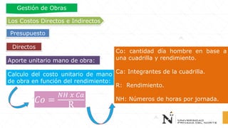 Co: cantidad día hombre en base a
una cuadrilla y rendimiento.
Ca: Integrantes de la cuadrilla.
R: Rendimiento.
NH: Números de horas por jornada.𝐶𝑜 =
𝑁𝐻 𝑥 𝐶𝑎
R
Calculo del costo unitario de mano
de obra en función del rendimiento:
Aporte unitario mano de obra:
Directos
Los Costos Directos e Indirectos
Presupuesto
Gestión de Obras
 
