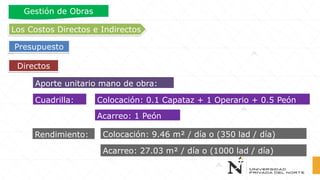 Directos
Los Costos Directos e Indirectos
Presupuesto
Gestión de Obras
Aporte unitario mano de obra:
Cuadrilla: Colocación: 0.1 Capataz + 1 Operario + 0.5 Peón
Acarreo: 1 Peón
Rendimiento: Colocación: 9.46 m² / día o (350 lad / día)
Acarreo: 27.03 m² / día o (1000 lad / día)
 
