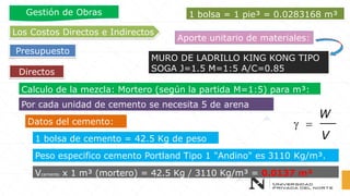Directos
Los Costos Directos e Indirectos
Presupuesto
Gestión de Obras
Aporte unitario de materiales:
MURO DE LADRILLO KING KONG TIPO
SOGA J=1.5 M=1:5 A/C=0.85
Calculo de la mezcla: Mortero (según la partida M=1:5) para m³:
Por cada unidad de cemento se necesita 5 de arena
1 bolsa de cemento = 42.5 Kg de peso
Datos del cemento:
Peso especifico cemento Portland Tipo 1 "Andino" es 3110 Kg/m³.
Vcemento x 1 m³ (mortero) = 42.5 Kg / 3110 Kg/m³ = 0.0137 m³
1 bolsa = 1 pie³ = 0.0283168 m³
 =
W
V
 