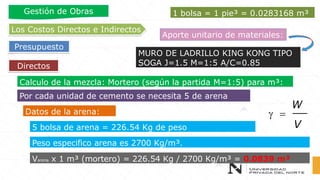 Directos
Los Costos Directos e Indirectos
Presupuesto
Gestión de Obras
Aporte unitario de materiales:
MURO DE LADRILLO KING KONG TIPO
SOGA J=1.5 M=1:5 A/C=0.85
Calculo de la mezcla: Mortero (según la partida M=1:5) para m³:
Por cada unidad de cemento se necesita 5 de arena
5 bolsa de arena = 226.54 Kg de peso
Datos de la arena:
Peso especifico arena es 2700 Kg/m³.
 =
W
V
1 bolsa = 1 pie³ = 0.0283168 m³
Varena x 1 m³ (mortero) = 226.54 Kg / 2700 Kg/m³ = 0.0839 m³
 