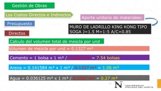 Directos
Los Costos Directos e Indirectos
Presupuesto
Gestión de Obras
Aporte unitario de materiales:
MURO DE LADRILLO KING KONG TIPO
SOGA J=1.5 M=1:5 A/C=0.85
Calculo del volumen total de mescla por und
Volumen de mezcla por und = 0.1327 m³
Cemento = 1 bolsa x 1 m³ / 0.1327 m³ = 7.54 bolsas
Arena = 0.141584 m³ x 1 m³ / 0.1327 m³ = 1.06 m³
Agua = 0.036125 m³ x 1 m³ / 0.1327 m³ = 0.27 m³
 