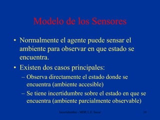 Incertidumbre - MDP, L.E. Sucar 10
Modelo de los Sensores
• Normalmente el agente puede sensar el
ambiente para observar e...